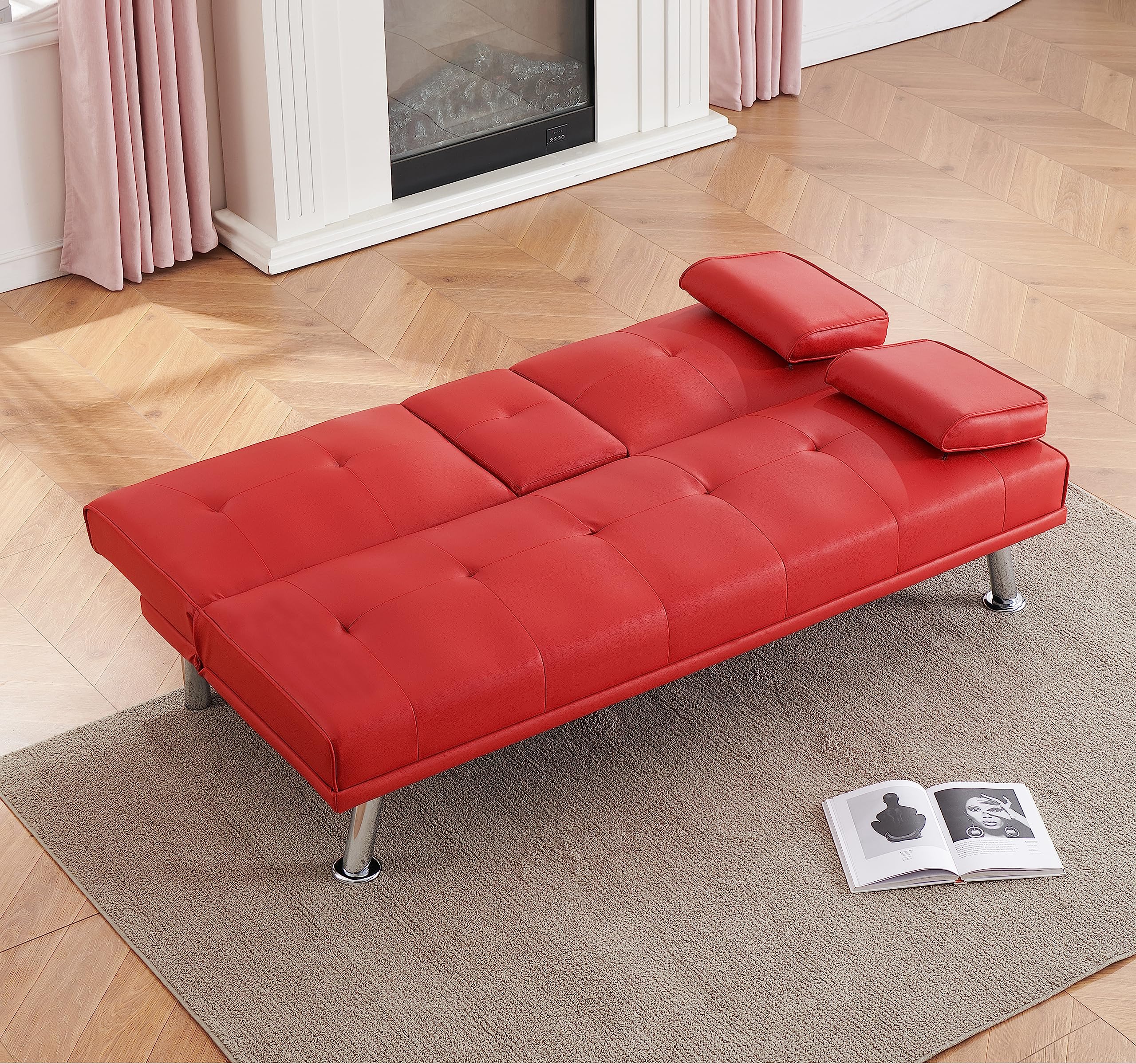 Anwick Modern Leather Futon Sofa Bed,Convertible Folding Couch Recliner Sleeper Loveseat for Small Space,Apartment,Office,Dorm,with Cup Holders and Removable Armrest (Red)