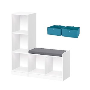 riverridge kids toy storage organizer bench with 5 cubby spots, 2 turquoise fabric bins & cushioned seat for book nook playroom storage