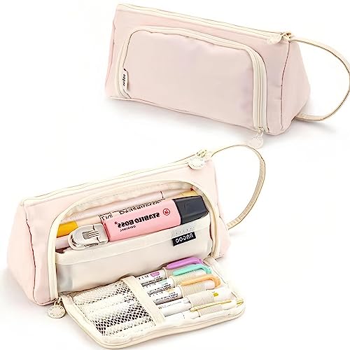 Big Capacity Pencil Case Multiple Compartments Large Pencil Pouch with Opening Front Flap Pen Bag Box Organizer Storage Aesthetic Stationery Cosmetic for Women Office Essentials (Pink)