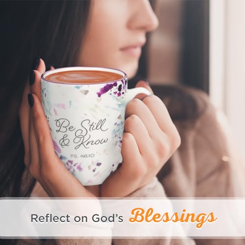 Christian Art Gifts Inspirational Ceramic Coffee & Tea Scripture Mug for Women: Be Still & Know Psalm Encouraging Bible Verse, Microwave & Dishwasher Safe Cute Cup, White, Purple & Teal Floral, 12 oz.