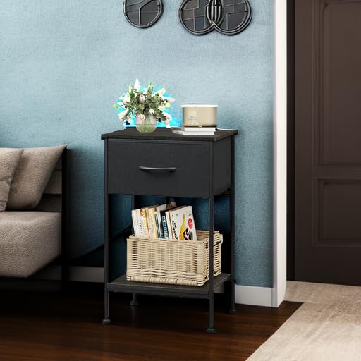 WLIVE Black Nightstand, Bedside Table with Fabric Storage Drawer, Open Wood Shelf, Bed Side Table, Night Stand for Bedroom Furniture, End Table for Living Room, Dorm, Entryway, 25.03" Height