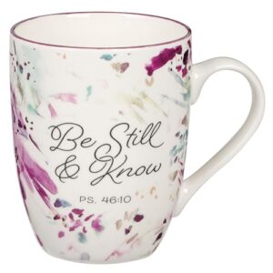 christian art gifts inspirational ceramic coffee & tea scripture mug for women: be still & know psalm encouraging bible verse, microwave & dishwasher safe cute cup, white, purple & teal floral, 12 oz.