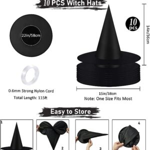 XIGUA 10 Pieces Halloween Costume Witch Hat, with 100 Yards Hanging Rope, Halloween Black Witch Hats Costume Accessory Decorations, Black Witch Hat for Halloween Party Yard Decoration