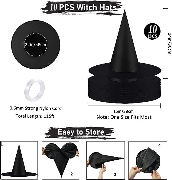 XIGUA 10 Pieces Halloween Costume Witch Hat, with 100 Yards Hanging Rope, Halloween Black Witch Hats Costume Accessory Decorations, Black Witch Hat for Halloween Party Yard Decoration