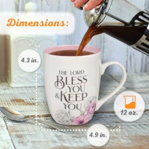 Christian Art Gifts Inspirational Ceramic Coffee & Tea Scripture Mug for Women: May the Lord Bless You Encouraging Bible Verse, Microwave & Dishwasher Safe Novelty Drinkware, White/Pink Floral, 12 oz.