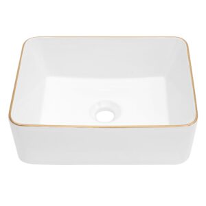 Dcolora Vessel Sink Rectangular 16"x12" White Vessel Sink with Gold Rim Ceramic Porcelain Rectangle Bathroom Sink Above Counter Vanity Sink Basin