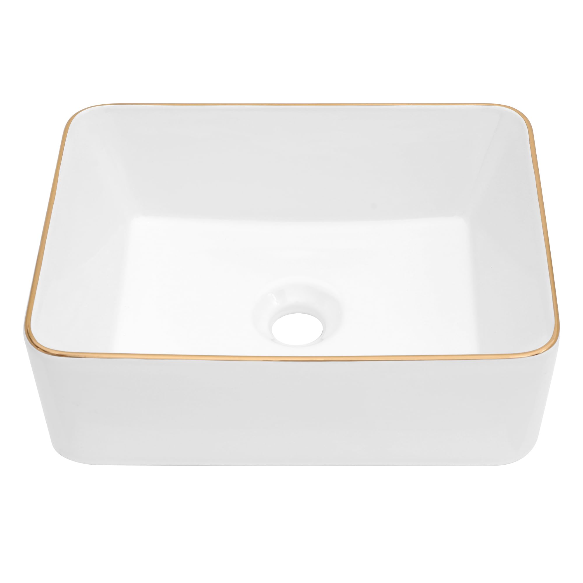 Dcolora Vessel Sink Rectangular 16"x12" White Vessel Sink with Gold Rim Ceramic Porcelain Rectangle Bathroom Sink Above Counter Vanity Sink Basin