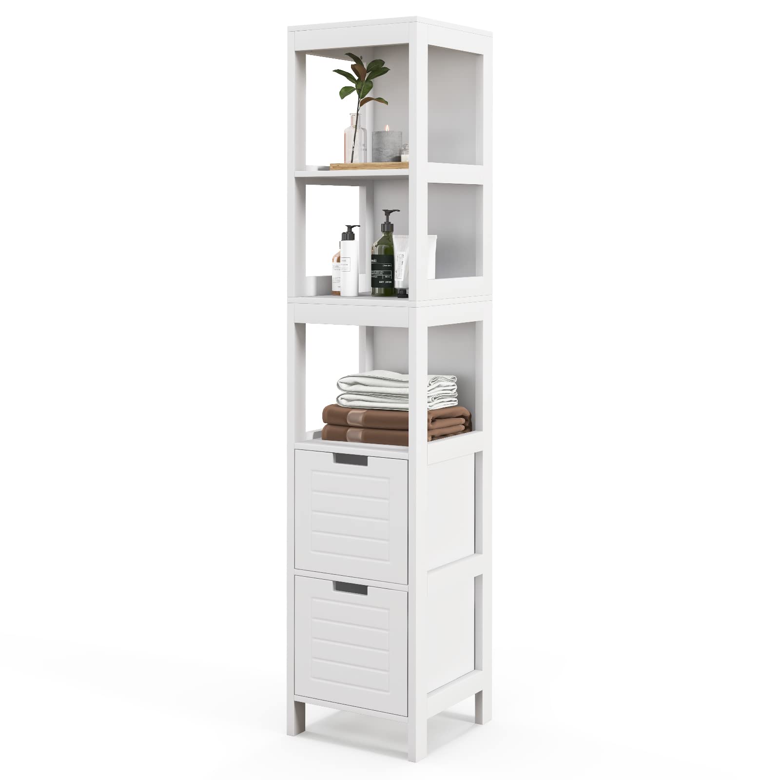 LOKO Tall Bathroom Storage Cabinet, Wooden Slim Bathroom Cabinet with Anti-toppling Device, Tall Narrow Storage Cabinet with 2 Removable Drawers, White