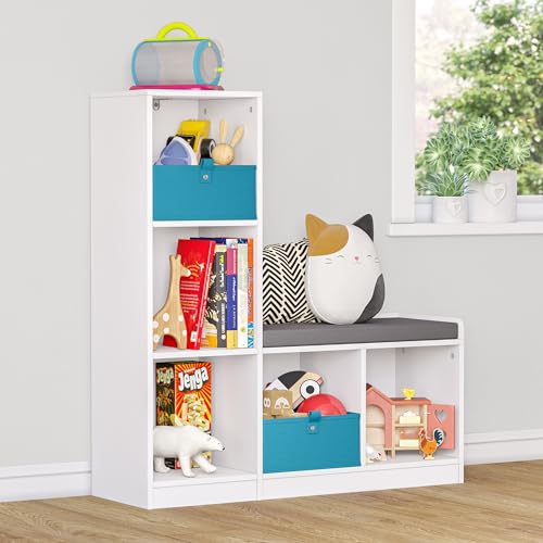 RiverRidge Kids Toy Storage Organizer Bench with 5 Cubby Spots, 2 Turquoise Fabric Bins & Cushioned Seat for Book Nook Playroom Storage