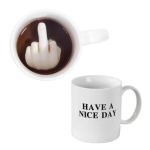 cloverhome have a nice day coffee mug with 3d finger on the bottom funny coffee mug for men and women novelty coffee mug for valentines day birthday christmas and halloween (white)