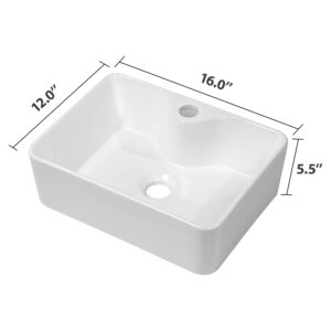 Vessel Sink Rectangular, Dcolora 16"x12" White Vessel Sink Ceramic Porcelain Rectangle Bathroom Vessel Sink Above Counter Vanity Sink Basin with Faucet Hole