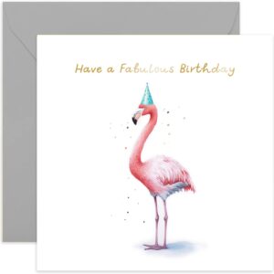 old english co. fabulous flamingo birthday card for her - fun flamingo party hat birthday card for mum, dad, daughter, son - gold foil birthday card for women and men | blank inside with envelope