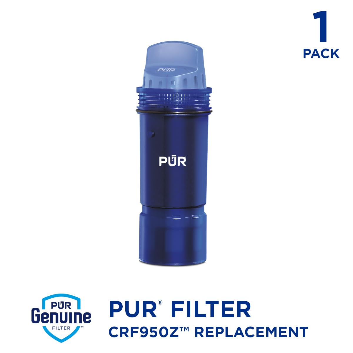 PUR Water Pitcher & Dispenser Replacement Filter 1-Pack, Genuine PUR Filter, 3-in-1 Powerful Filtration for More Chemical & Physical Substance Reduction, Blue (CRF950Z1)