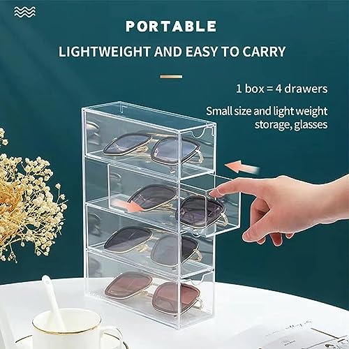 JUOPZKENN Acrylic Eyeglass Storage Box, 4 Drawers Clear Sunglasses Storage Organizer Use Horizontally or Vertically for Eyeglass Cosmetic Jewelry Storage