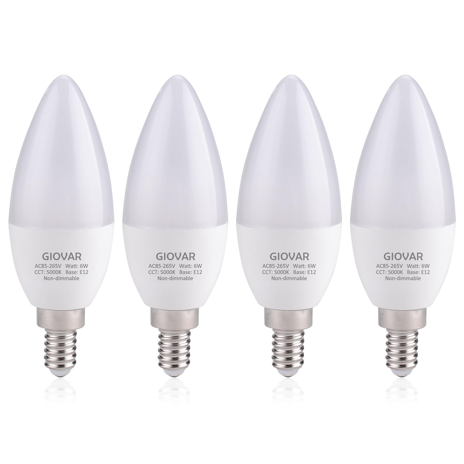 GIOVAR 4Pack LED Celing Fan Light Bulbs 60 Watt, Daylight 5000K, E12 Candelabra Bulb Base Socket, 120V, Type B, Non-Dimmable