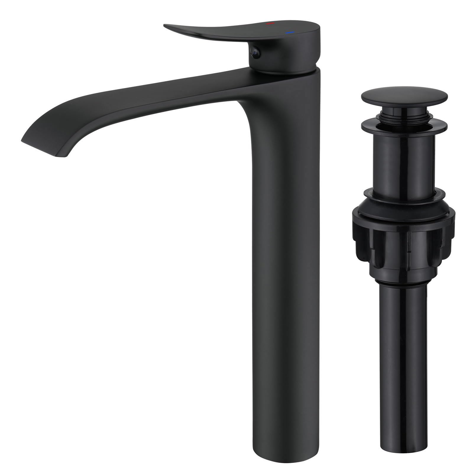 Tall Vessel Sink Faucet Bathroom Waterfall Faucet Single Handle Matte Black Vanity Bathroom Faucet Basin Mixer Tap with Water Supply Hose and Pop Up Sink Drain