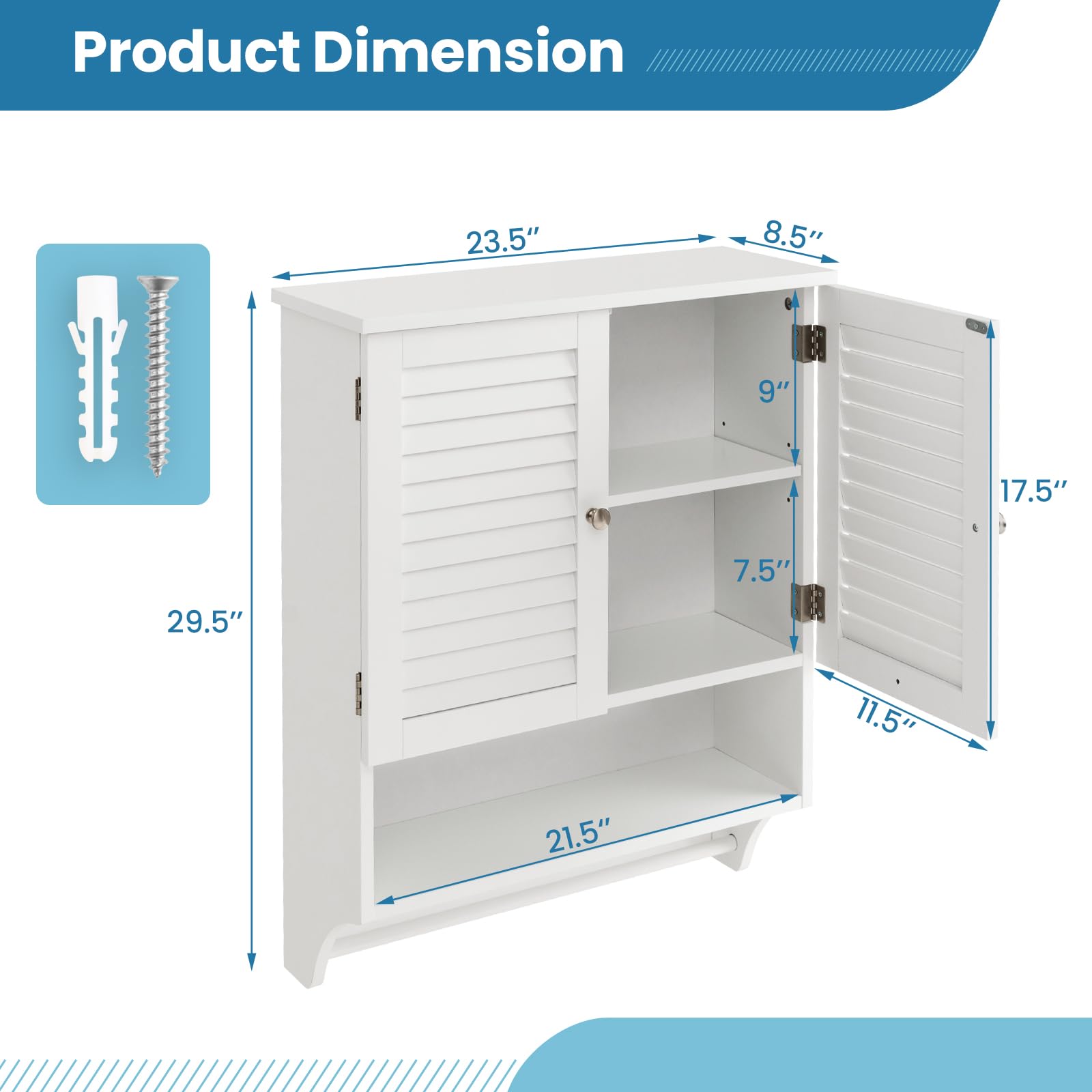 Giantex Bathroom Cabinet Wall Mounted - Hanging Medicine Cabinet with 2 Louvered Doors, 3-Position Adjustable Shelf, Towel Bar, Above Toilet Cabinet, Over The Toilet Space Saver Cabinet (White)