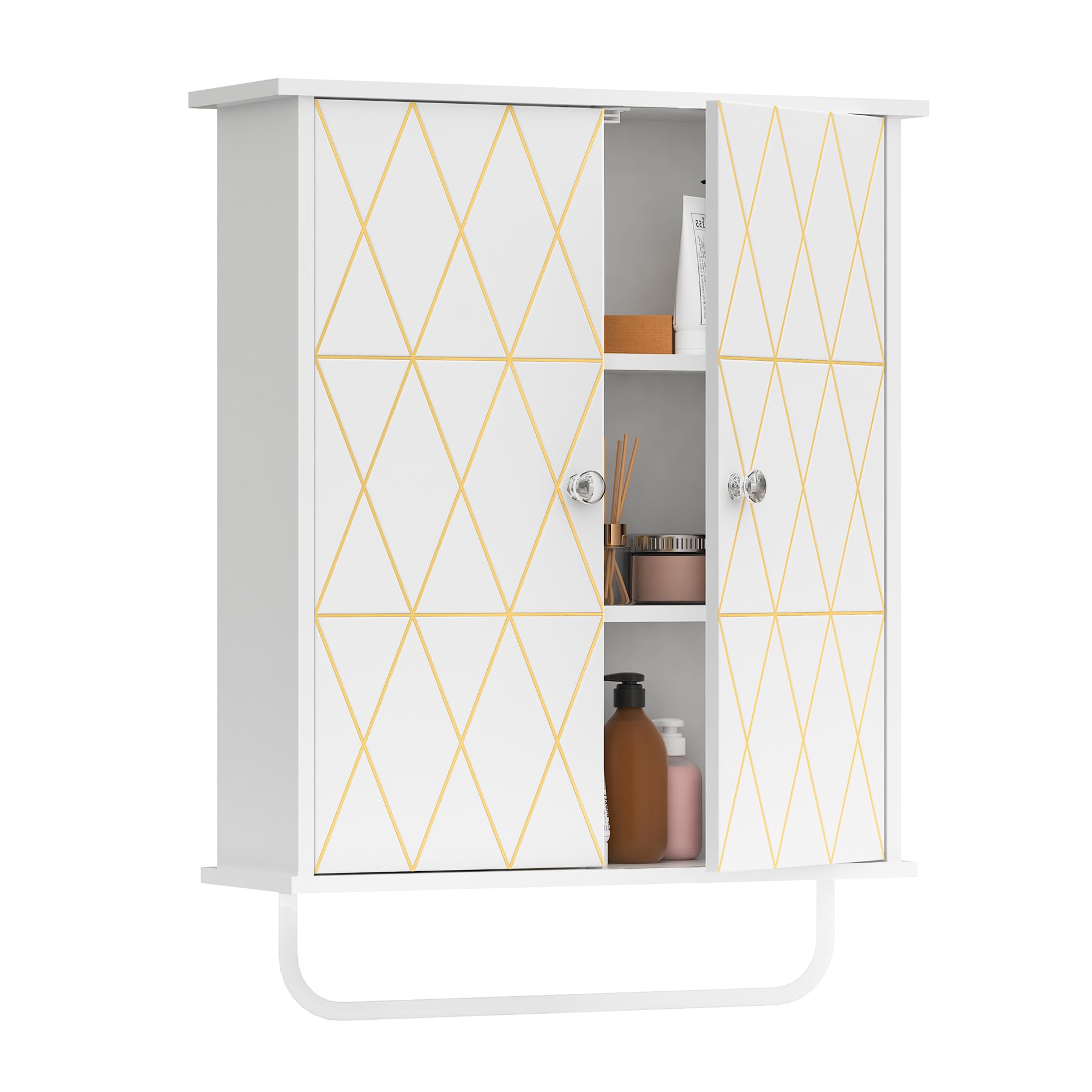 Bathroom Wall Cabinet Storage Cabinet Above Toilet, Bathroom Cabinet with Gold Decoration, Adjustable Shelves, Medicine Cabinet, and Space Saving Medicine Cabinet in The Living Room Cabinet White