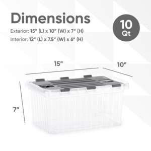 Superio Storage Box with Hinged Lids, Plastic Container Bins for Organizing with Attached Lid, Stackable Crates, BPA Free, Organizers for Home, Office, Dorm (Clear with Grey Lids, 15"x10"x7")