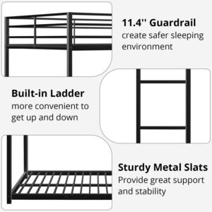 INCLAKE Full Over Full Bunk Bed, Heavy Duty Metal Bunk Bed Frame with Built-in Ladder and Safety Guard Rail, Low Bunk Bed for Teens Adults, Noisy Free & No Box Spring Needed, Black