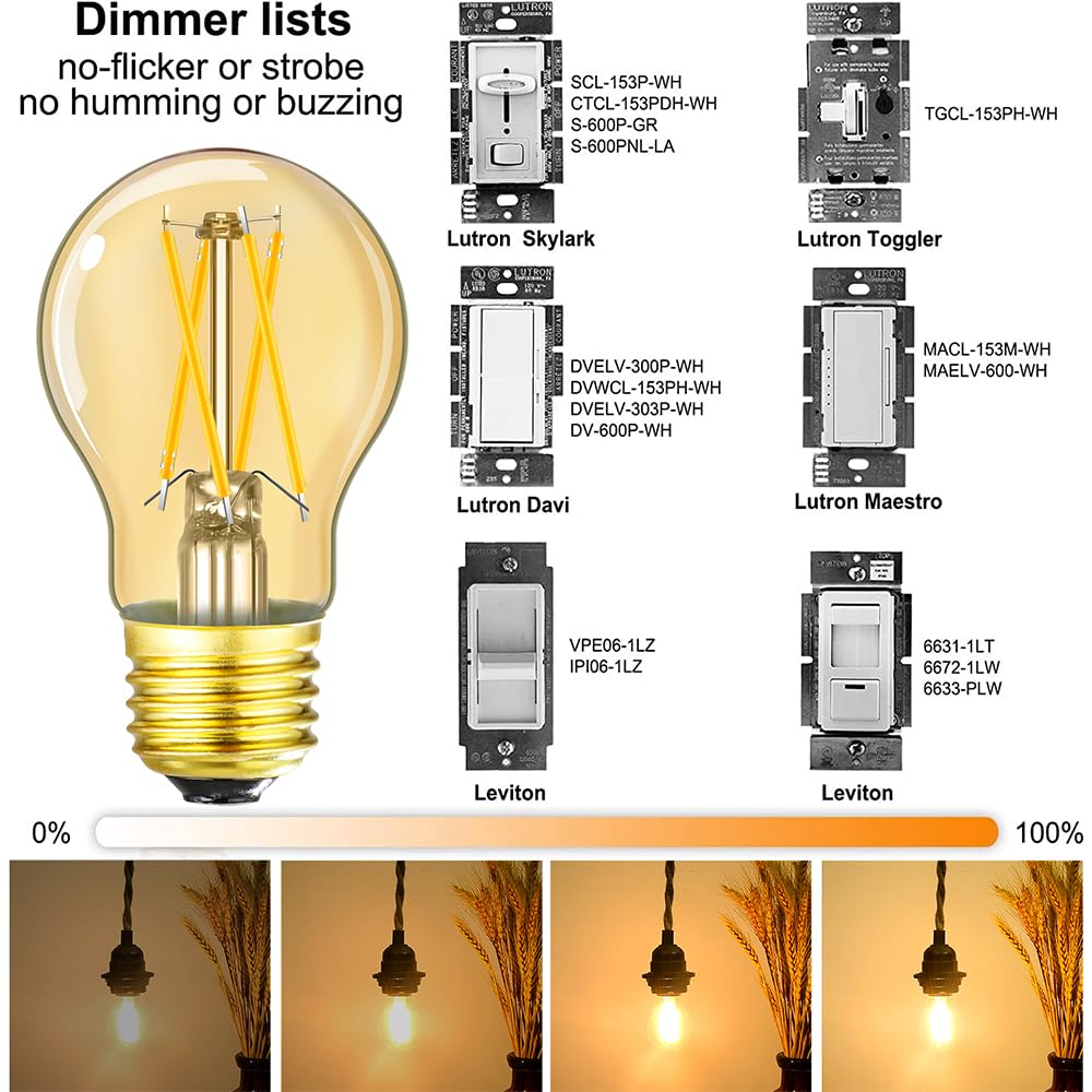 LEOOLS Dimmable E26 Amber led Bulb 6W Equal 60 watt Vintage LED Edison Bulb AC120V 2700K A15 LED Bulb for Ceiling Fan Light Bulbs,Refrigerator Light Bulb 600LM 6Pack