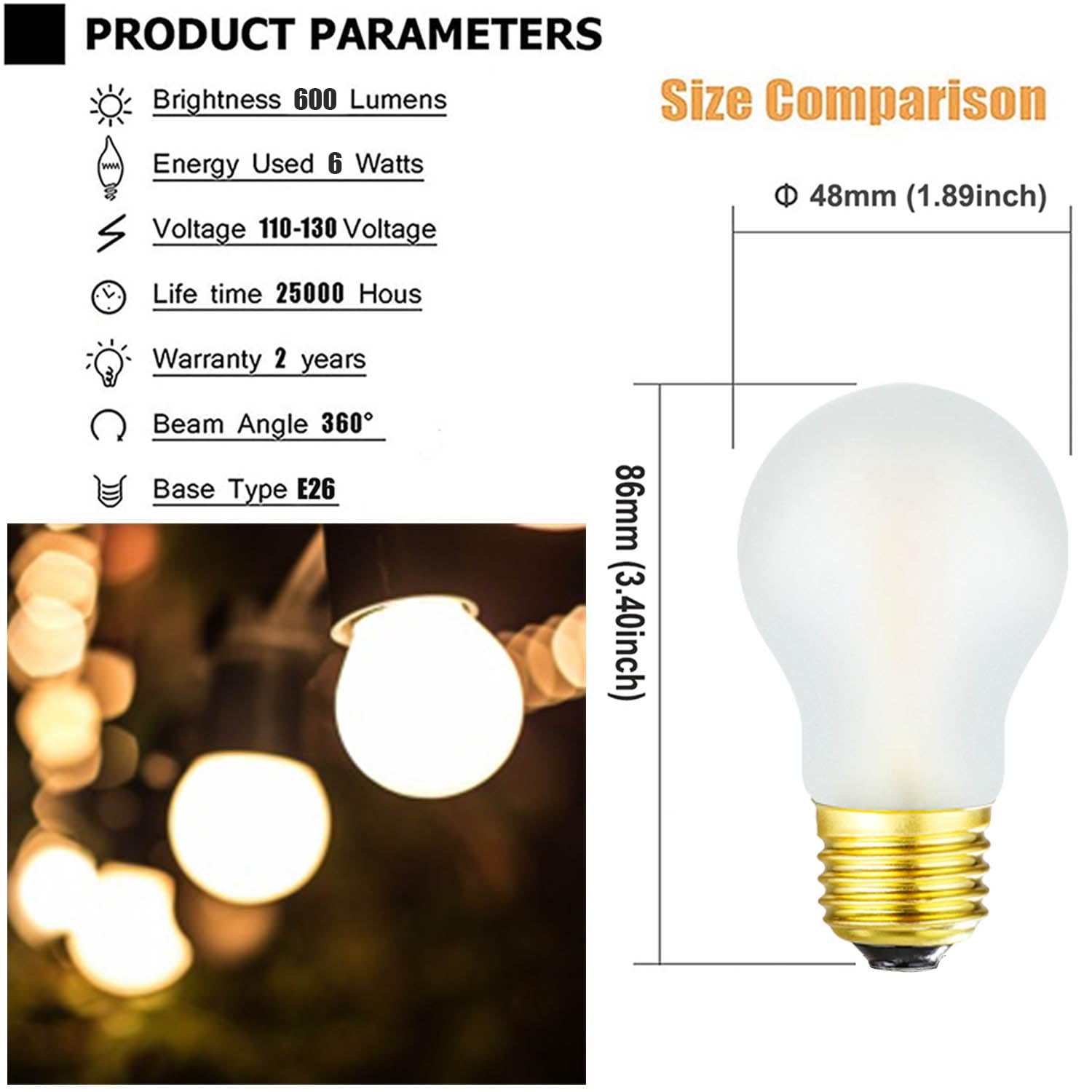 Frosted E26 Edison Bulb A15 Light Bulb 6W Equal 60 watt Light Bulb Dimmable AC120V Warm 2700K E26 Light Bulb for Pendant,Chandeliers,Vanity,Wall sconces Edison Light Bulbs 60 Watt 600lm 6Pack