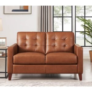 Hydeline Aiden Top Grain Leather Loveseat, Cinnamon Brown, Memory Foam and Springs Seating