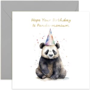 old english co. panda happy birthday card for her - fun panda-monium party hat birthday card for mum, dad, daughter, son - gold foil birthday card for women and men | blank inside with envelope