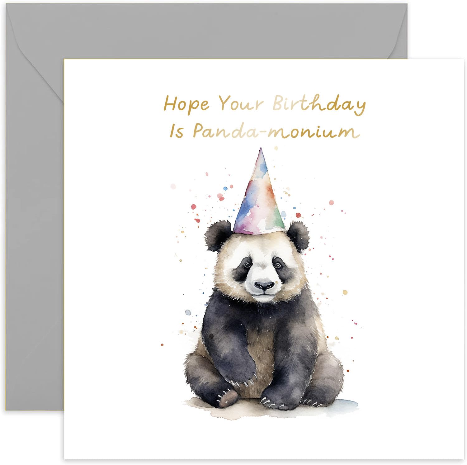 Old English Co. Panda Happy Birthday Card for Her - Fun Panda-monium Party Hat Birthday Card for Mum, Dad, Daughter, Son - Gold Foil Birthday Card for Women and Men | Blank Inside with Envelope