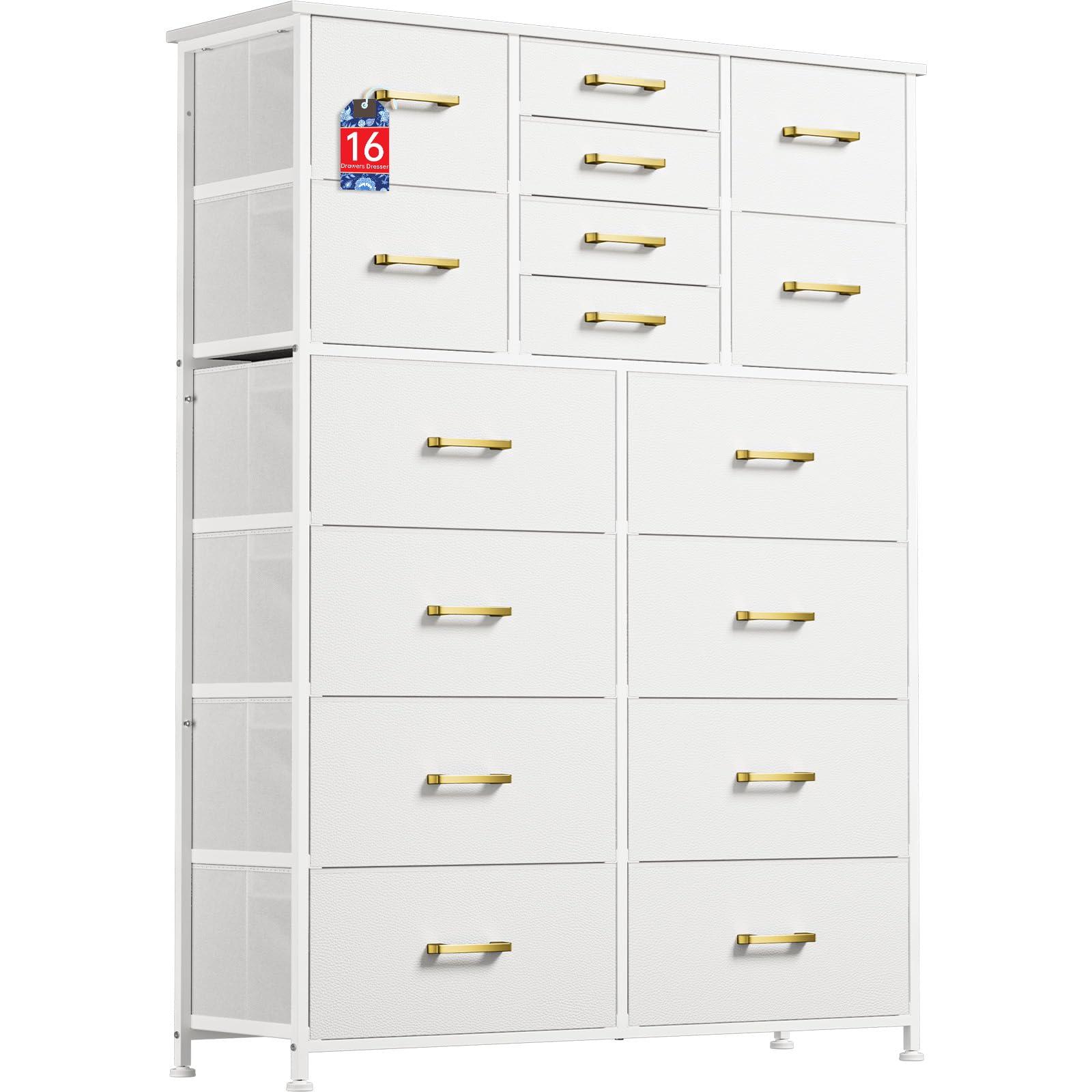 YILQQPER Tall Dresser for Bedroom,16 Drawer Dressers & Chests of Drawers, White Fabric Bedroom Dresser with Wood Top, Metal Frame, Tall Storage Tower for Closet Entryway, White