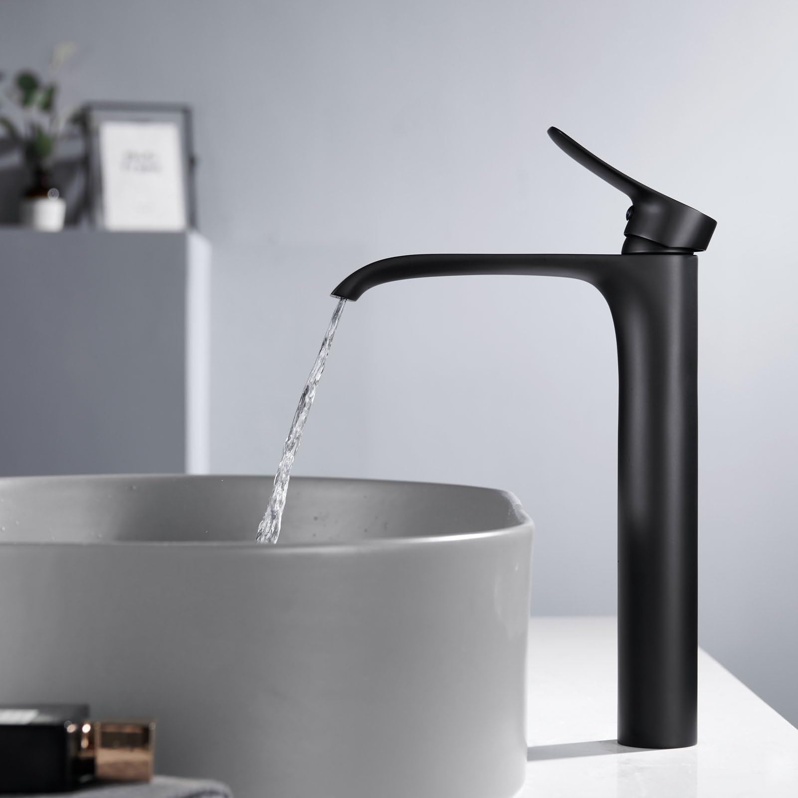 Tall Vessel Sink Faucet Bathroom Waterfall Faucet Single Handle Matte Black Vanity Bathroom Faucet Basin Mixer Tap with Water Supply Hose and Pop Up Sink Drain