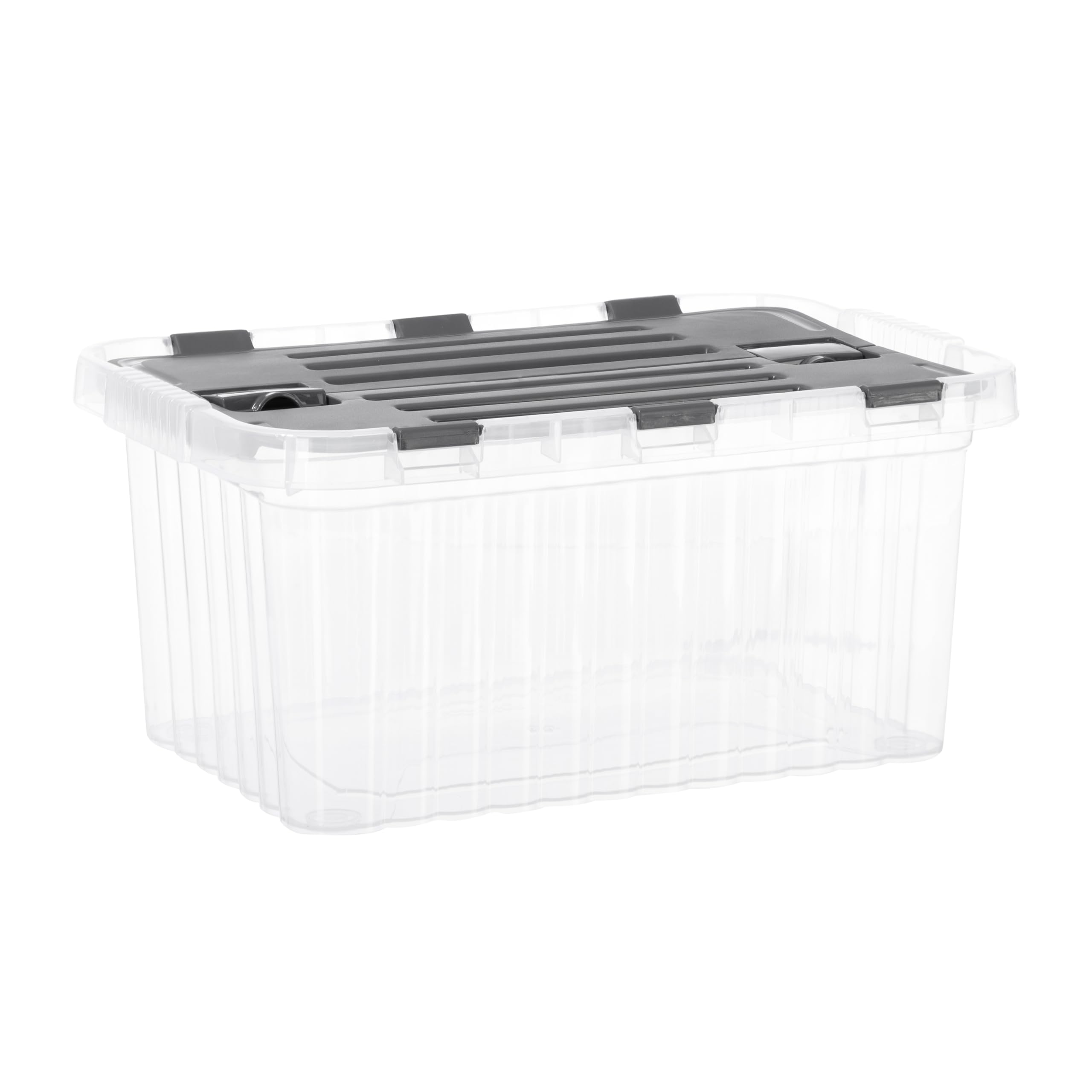 Superio Storage Box with Hinged Lids, Plastic Container Bins for Organizing with Attached Lid, Stackable Crates, BPA Free, Organizers for Home, Office, Dorm (Clear with Grey Lids, 15"x10"x7")