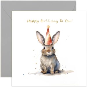 old english co. hoppy birthday card for her - fun rabbit bunny party hat birthday card for mum, dad, daughter, son - gold foil birthday card for women and men | blank inside with envelope