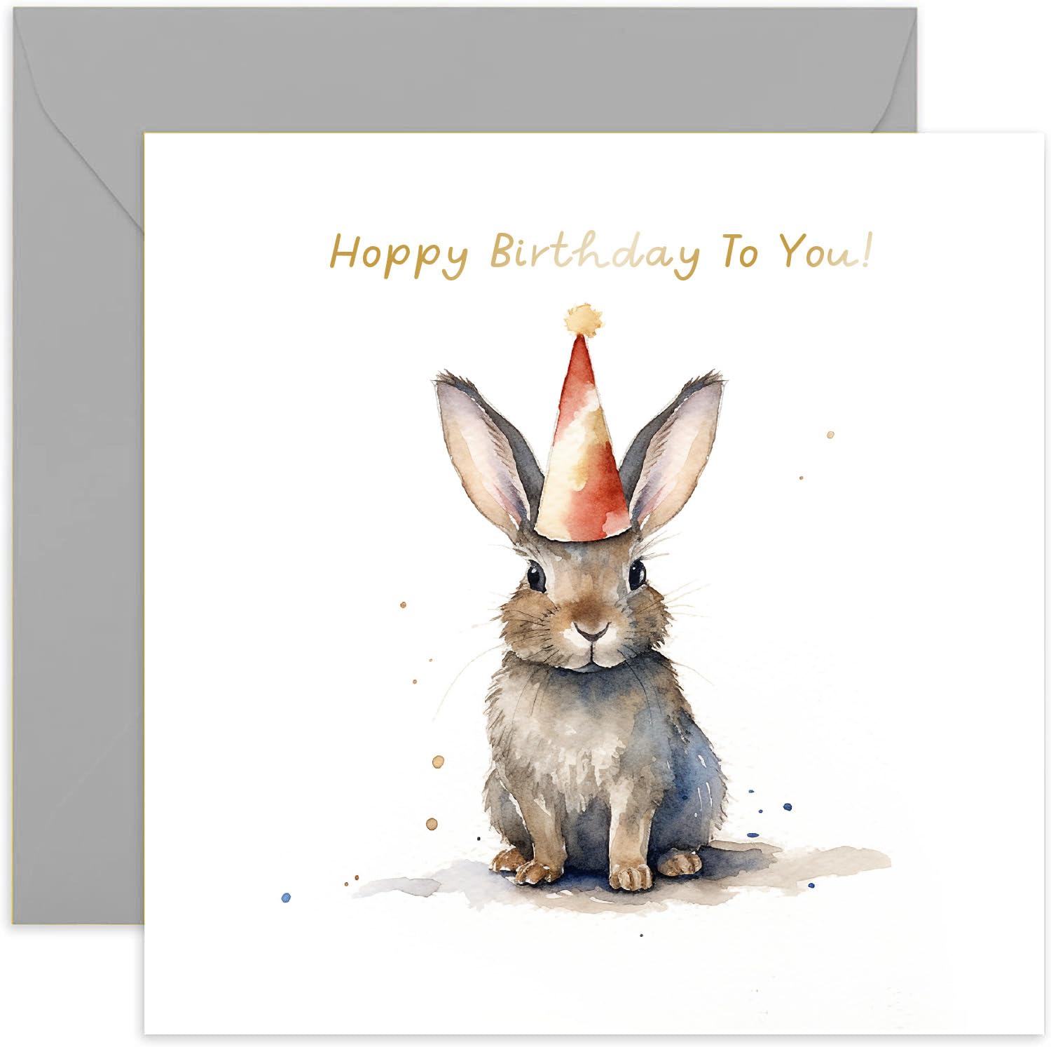 Old English Co. Hoppy Birthday Card for Her - Fun Rabbit Bunny Party Hat Birthday Card for Mum, Dad, Daughter, Son - Gold Foil Birthday Card for Women and Men | Blank Inside with Envelope