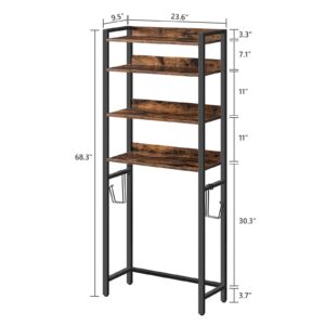 MAHANCRIS Over The Toilet Storage Rack, 4 Tier Bathroom Organizer Over Toilet, Freestanding Space Saver Toilet Stand with 2 Hooks, Bathroom Storage Shelf, Easy to Assemble, Rustic Brown TSHR0401Z