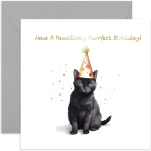 old english co. cat purrfect birthday card for her - fun cat party hat birthday card for mum, dad, daughter, son - gold foil birthday card for women and men | blank inside with envelope