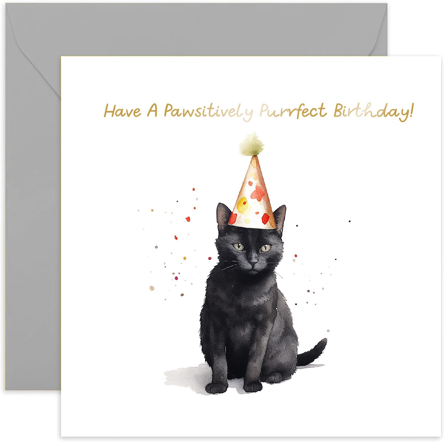 Old English Co. Cat Purrfect Birthday Card for Her - Fun Cat Party Hat Birthday Card for Mum, Dad, Daughter, Son - Gold Foil Birthday Card for Women and Men | Blank Inside with Envelope