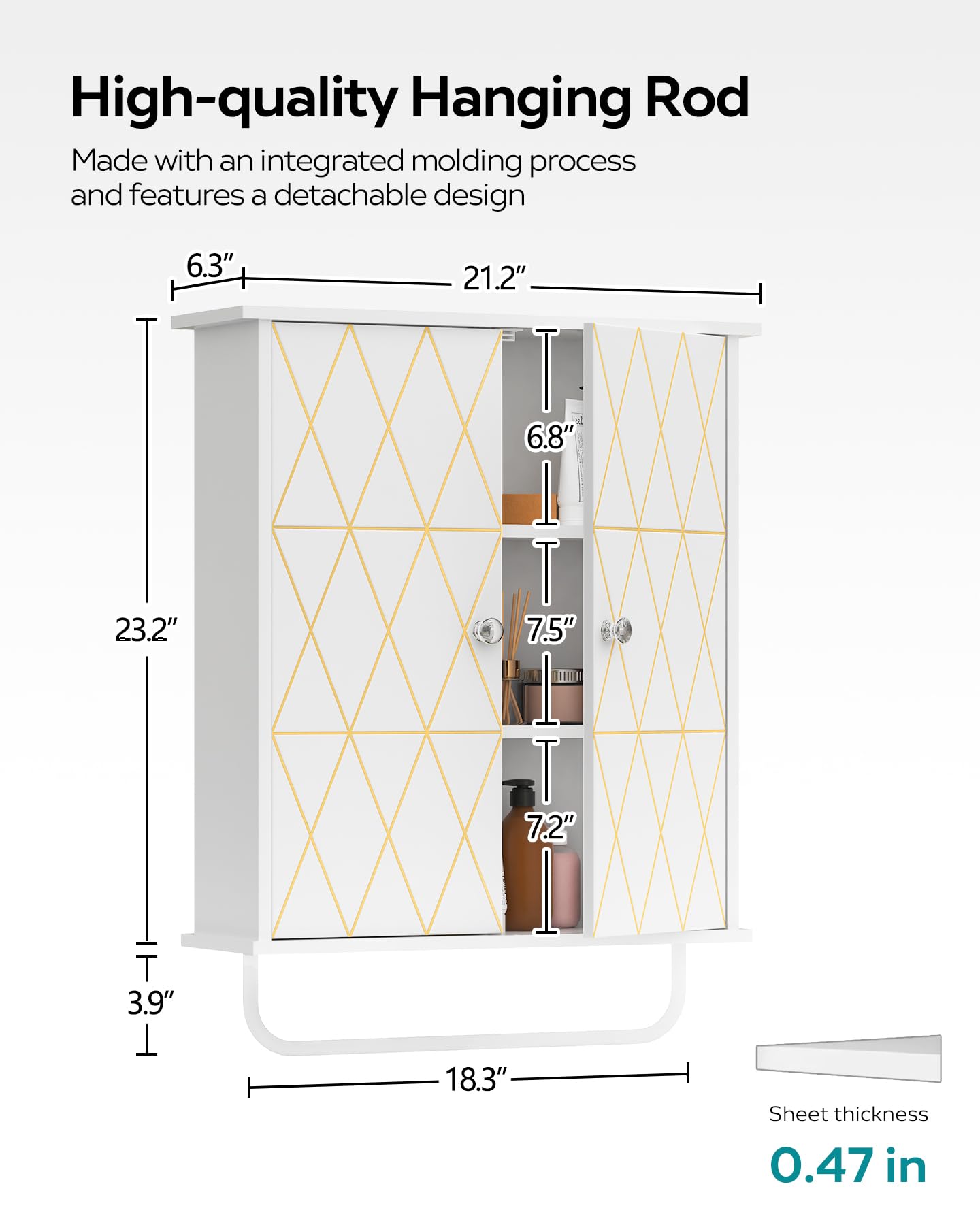 Bathroom Wall Cabinet Storage Cabinet Above Toilet, Bathroom Cabinet with Gold Decoration, Adjustable Shelves, Medicine Cabinet, and Space Saving Medicine Cabinet in The Living Room Cabinet White