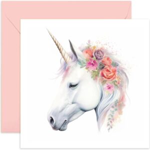 old english co. unicorn card for birthday - painted botanical wildlife card - birthday unicorn greeting card for daughter, sister, mum, nan - birthday card for her | blank inside with envelope