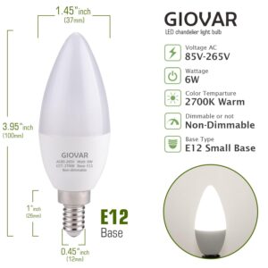 GIOVAR 4Pack LED Celing Fan Light Bulbs 60 Watt, Daylight 5000K, E12 Candelabra Bulb Base Socket, 120V, Type B, Non-Dimmable