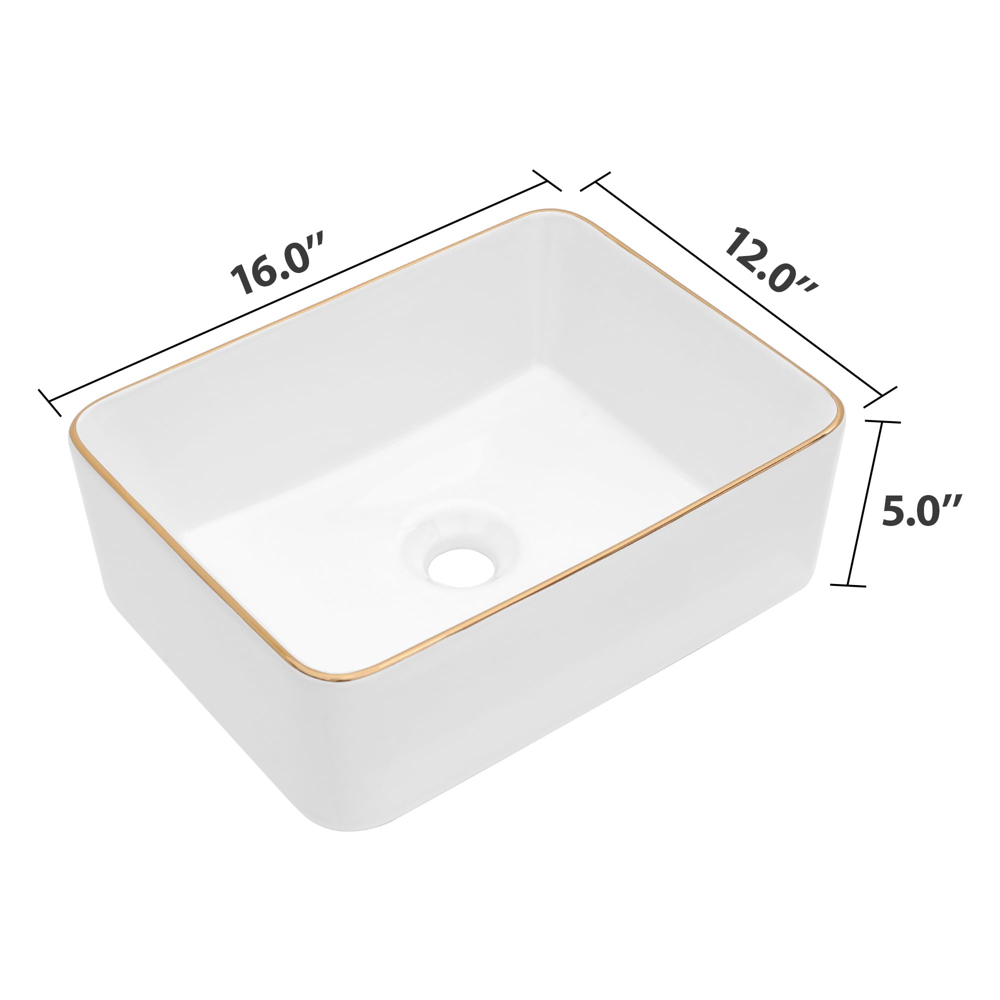 Dcolora Vessel Sink Rectangular 16"x12" White Vessel Sink with Gold Rim Ceramic Porcelain Rectangle Bathroom Sink Above Counter Vanity Sink Basin