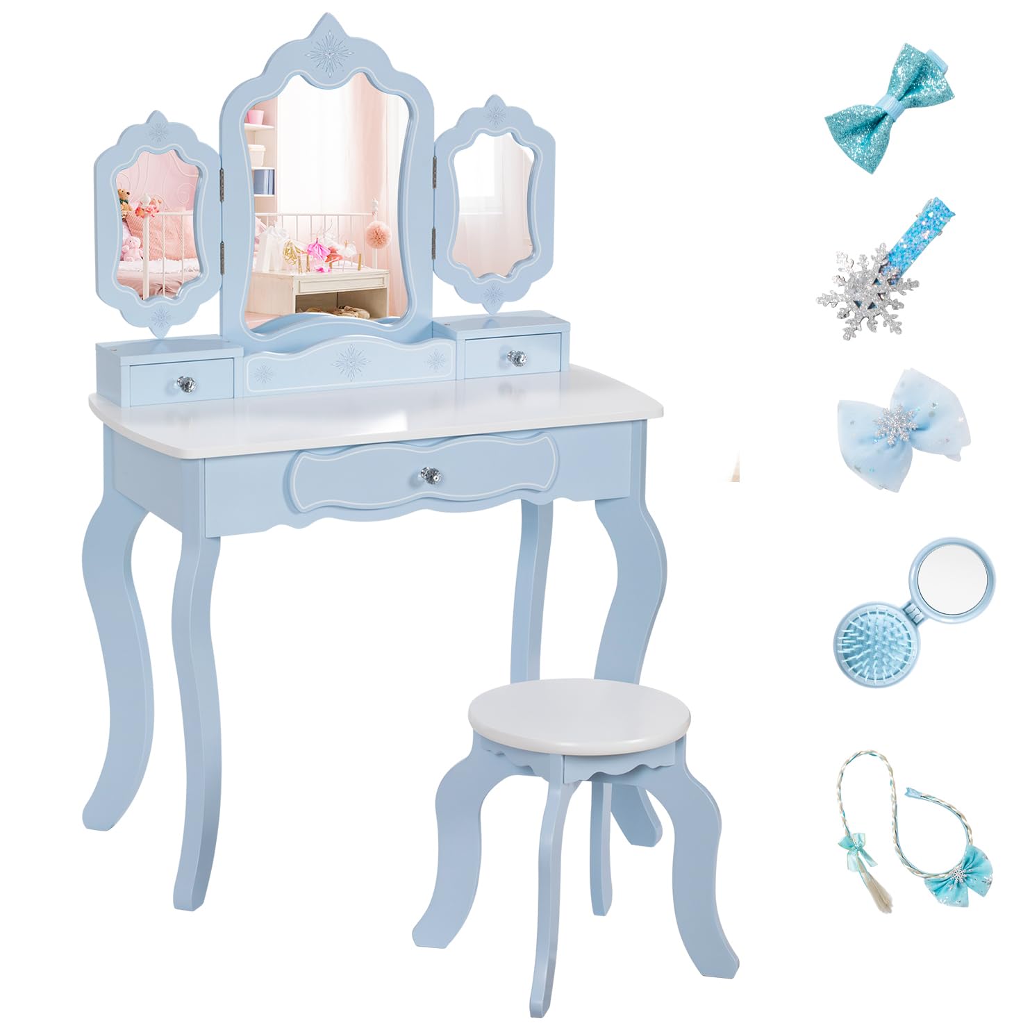 BRINJOY Kids Vanity Set, 2-in-1 Wooden Makeup Table & Stool w/Detachable Tri-fold Mirror, Pretend Play Princess Dressing Table w/Drawer&Accessories, Children Beauty Vanity Set for Girls 3+, Blue