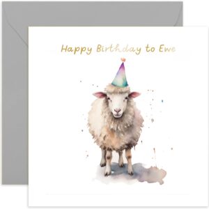 old english co. sheep happy birthday card for her - funny sheep party hat birthday card for mum, dad, daughter, son - gold foil birthday card for women and men | blank inside with envelope