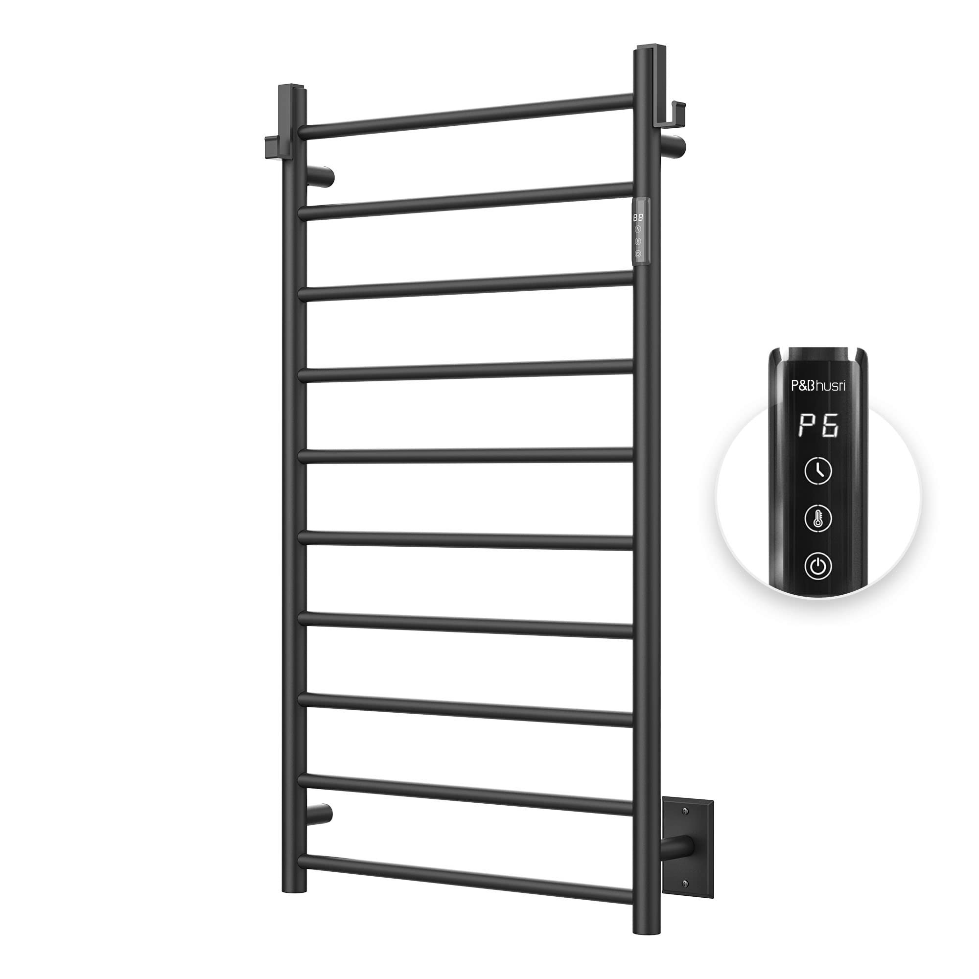 P&Bhusri Heated Towel Rack for Bathroom,Wall Mounted Electric Towel Rack with Timer and LED Indicator, 10-Bar Towel Warmer, Stainless Steel Matte Black, Hard-Wired/Plug-in