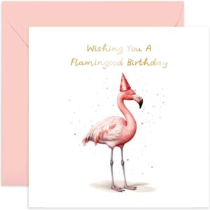 old english co. flamingood birthday card for her - fun flamingo party hat birthday card for mum, dad, daughter, son - gold foil birthday card for women and men | blank inside with envelope