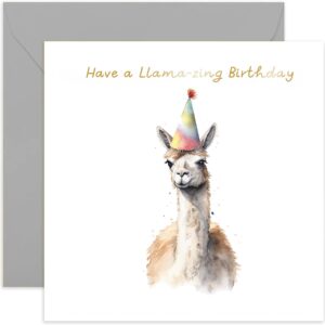 old english co. llama birthday card for her - fun llama party hat birthday card for mum, dad, daughter, son - gold foil birthday card for women and men | blank inside with envelope