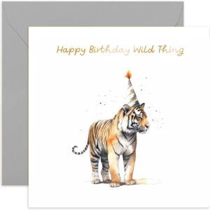 old english co. wild thing tiger birthday card for her - tiger party hat birthday card for mum, dad, daughter, son - gold foil birthday card for women and men | blank inside with envelope