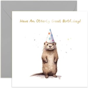 old english co. otterly great birthday card for her - fun otter party hat birthday card for mum, dad, daughter, son - gold foil birthday card for women and men | blank inside with envelope