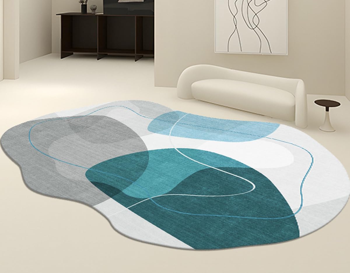 Contemporary Modern Art Deco Blue Washable Area Rug 5x7 Soft Faux Wool Irregualar Shaped Carpet for Living Room Bedroom Dining Kitchen Accent Runner Rug