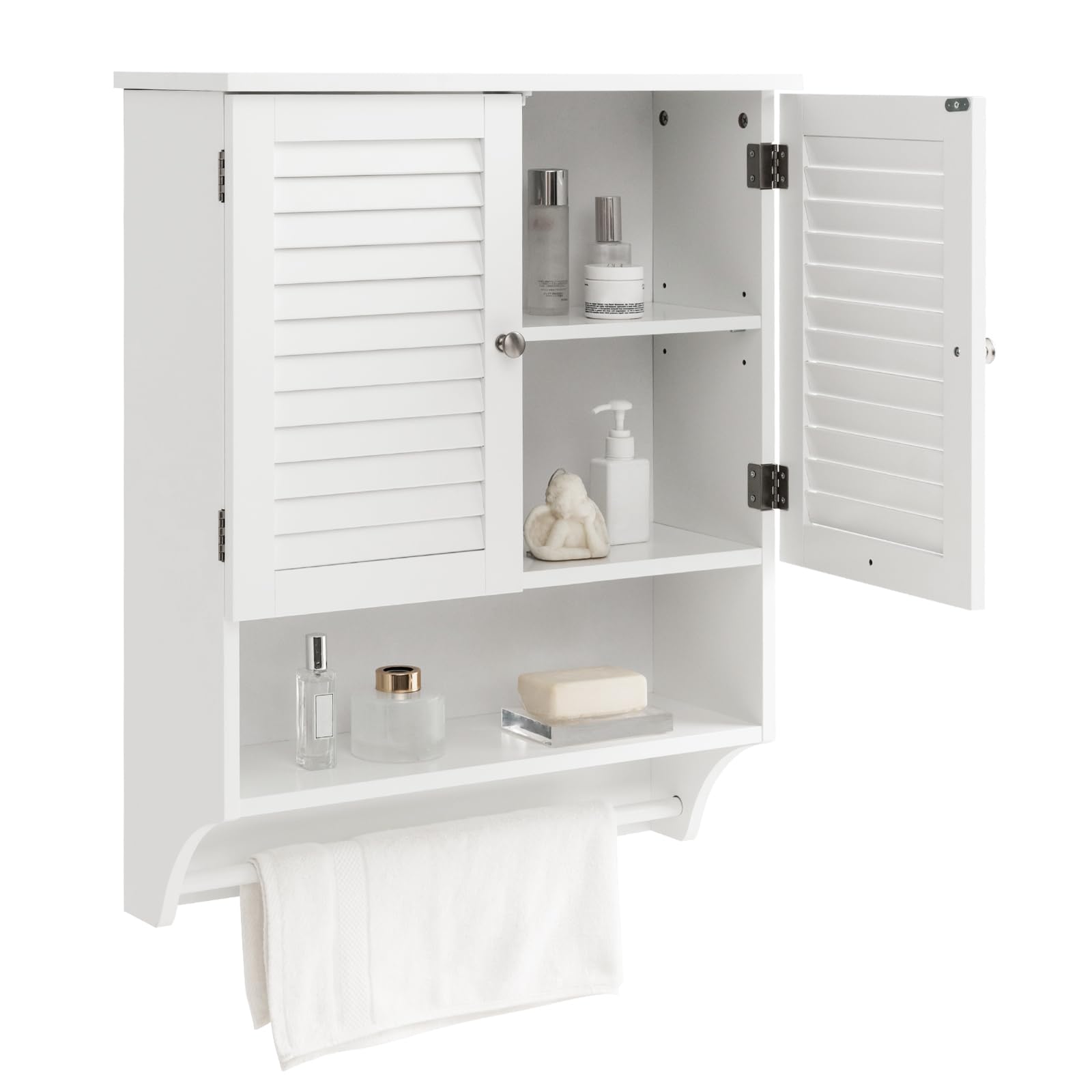 Giantex Bathroom Cabinet Wall Mounted - Hanging Medicine Cabinet with 2 Louvered Doors, 3-Position Adjustable Shelf, Towel Bar, Above Toilet Cabinet, Over The Toilet Space Saver Cabinet (White)